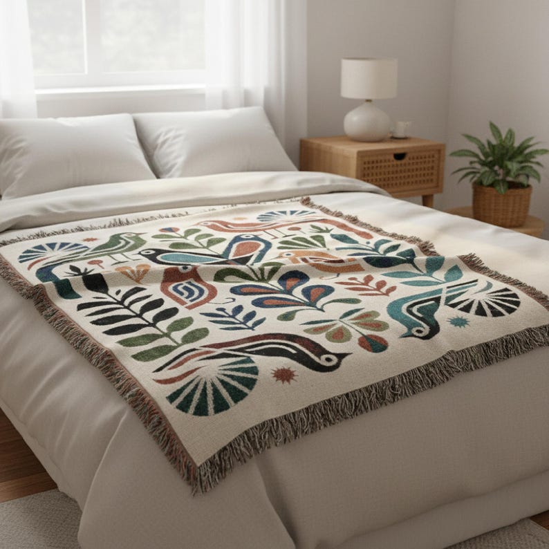 Woven Throw Blanket | Folk Bird Mid Century Boho Design | Boho Home Decor Gift