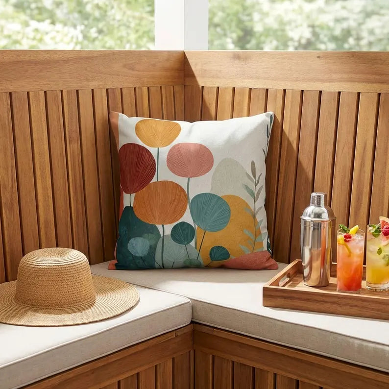 Abstract Floral Illustration Outdoor Pillow | Modern Botanical Garden Throw