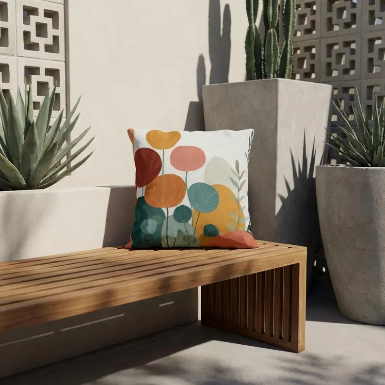 Abstract Floral Illustration Outdoor Pillow | Modern Botanical Garden Throw