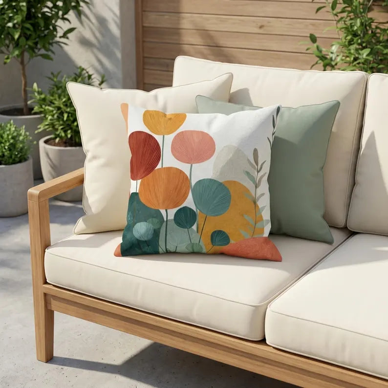 Abstract Floral Illustration Outdoor Pillow | Modern Botanical Garden Throw