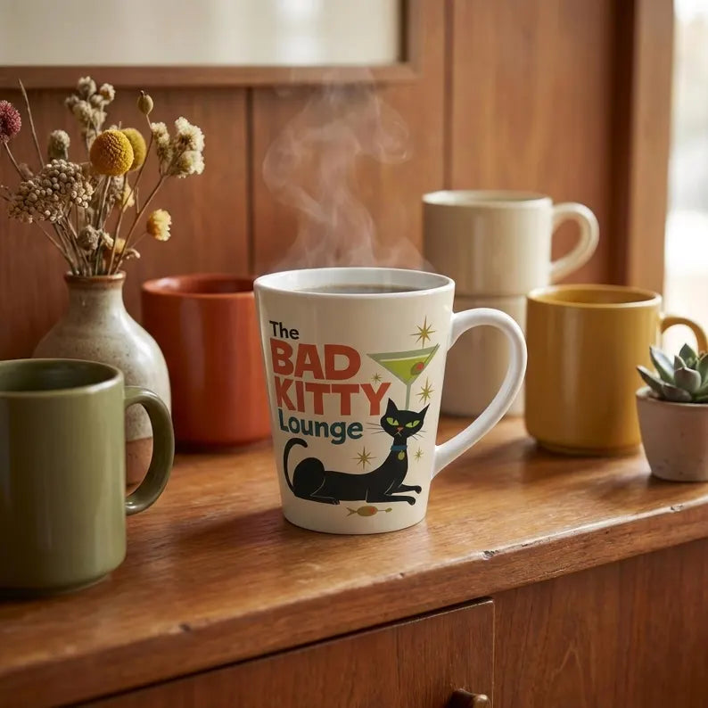 Bad Kitty Lounge Latte Mug | Retro Black Cat Martini