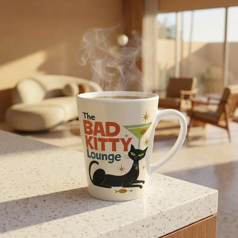 Bad Kitty Lounge Latte Mug | Retro Black Cat Martini