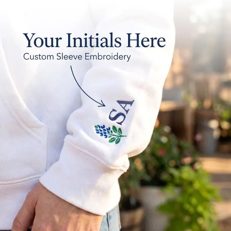 Embroidered Texas Hoodie, Shes From Texas Sweatshirt, Bluebonnet Floral Hoodie, Personalized Initial Sleeve Hoodie, Mothers Day Gift