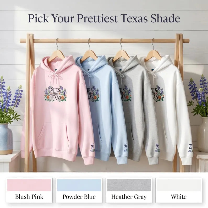 Embroidered Texas Hoodie, Shes From Texas Sweatshirt, Bluebonnet Floral Hoodie, Personalized Initial Sleeve Hoodie, Mothers Day Gift