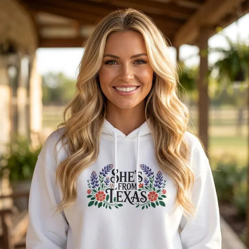 Embroidered Texas Hoodie, Shes From Texas Sweatshirt, Bluebonnet Floral Hoodie, Personalized Initial Sleeve Hoodie, Mothers Day Gift