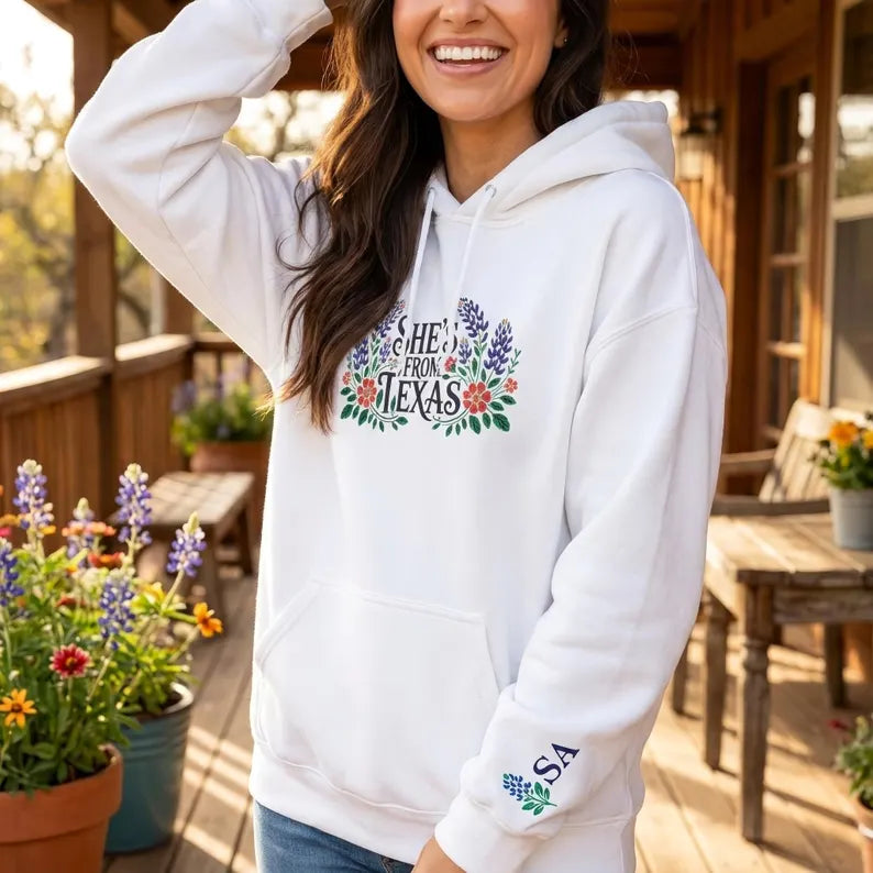Embroidered Texas Hoodie, Shes From Texas Sweatshirt, Bluebonnet Floral Hoodie, Personalized Initial Sleeve Hoodie, Mothers Day Gift