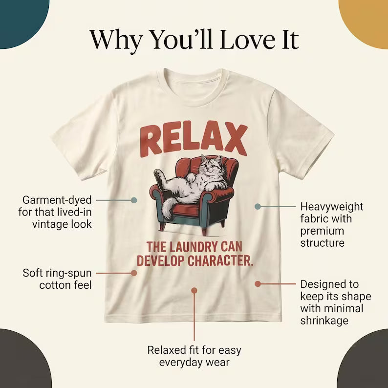 Funny Cat Shirt, Relax The Laundry Can Develop Character Tee, Retro Cat Lover Gift, Vintage Lazy Cat Graphic