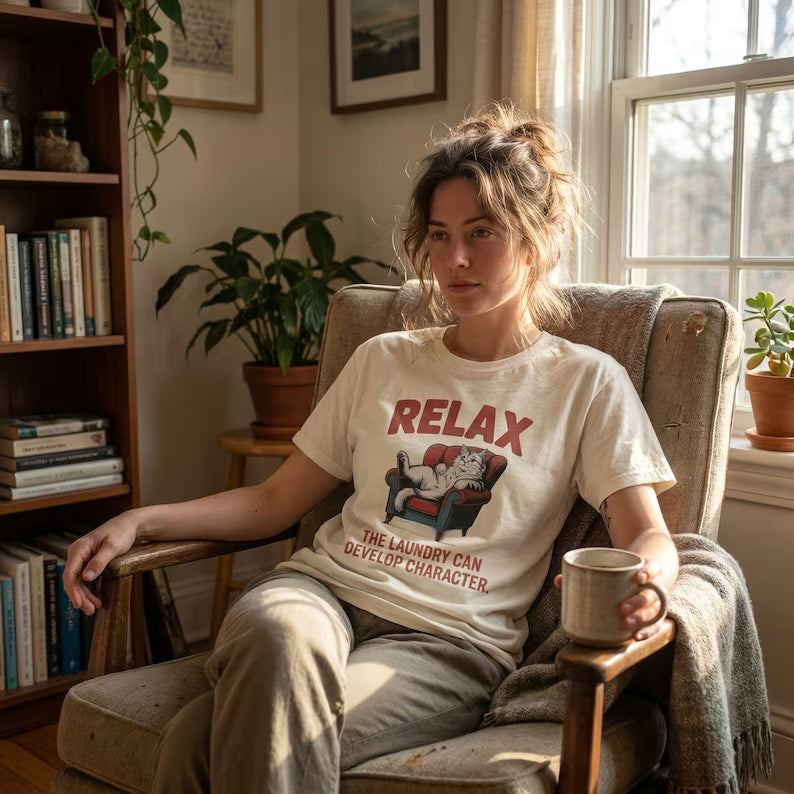 Funny Cat Shirt, Relax The Laundry Can Develop Character Tee, Retro Cat Lover Gift, Vintage Lazy Cat Graphic