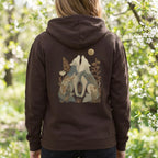 Brown zip-up hoodie with a printed back design of two wolves beneath a golden moon and woodland botanicals