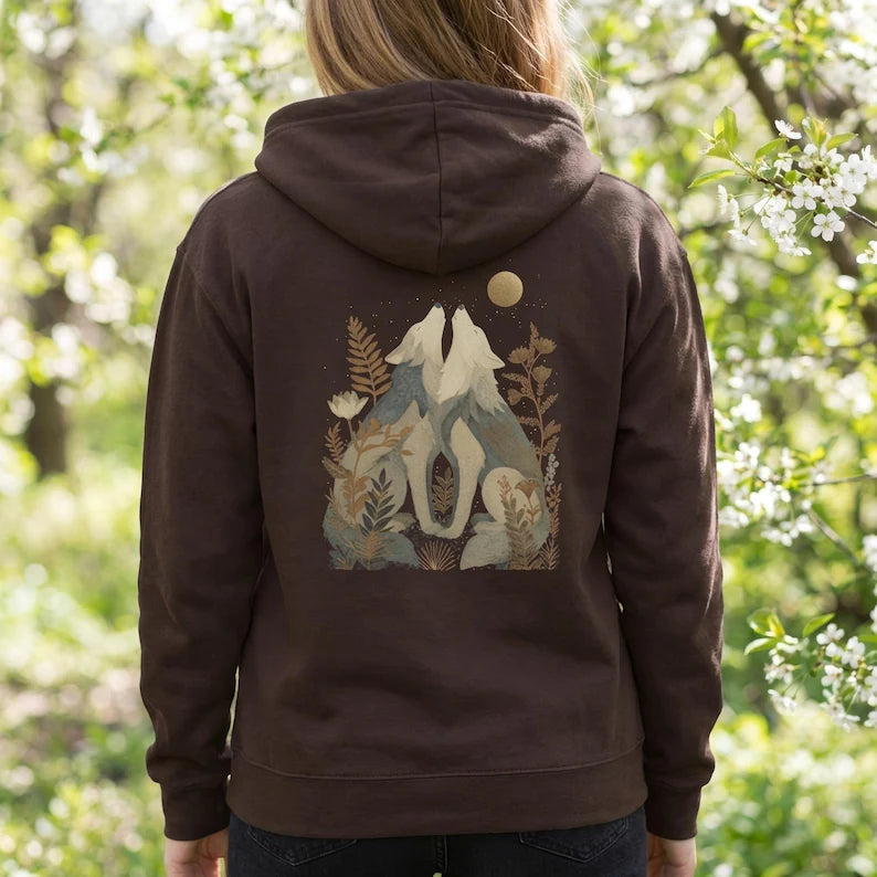 Golden Moon Wolves Hoodie | Celestial Woodland Night, Botanical Dark Academia
