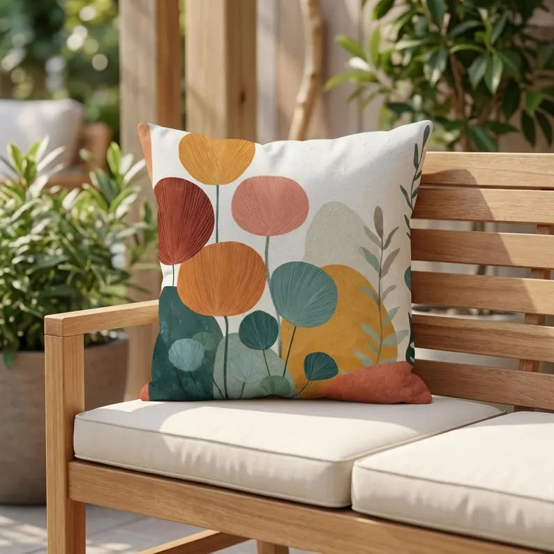 Abstract Floral Illustration Outdoor Pillow | Modern Botanical Garden Throw