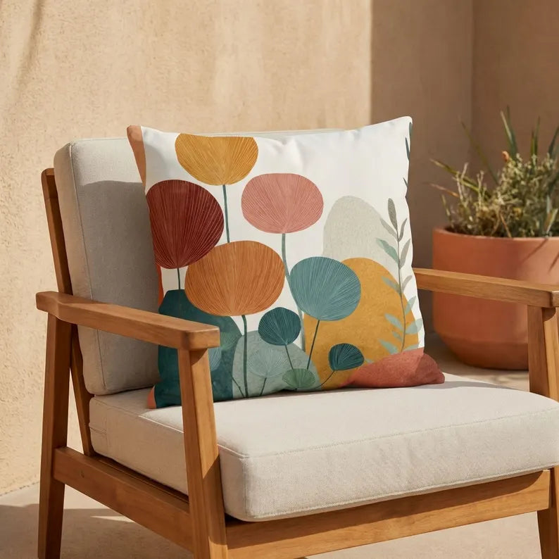 Abstract Floral Illustration Outdoor Pillow | Modern Botanical Garden Throw
