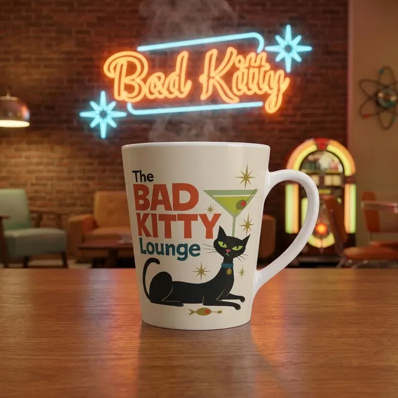 Bad Kitty Lounge Latte Mug | Retro Black Cat Martini
