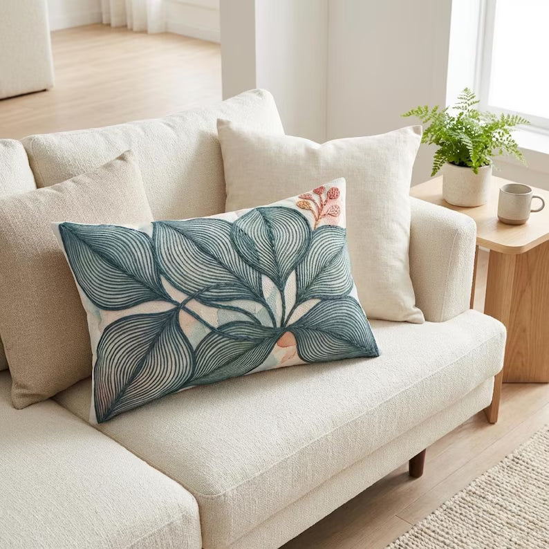 Abstract Leaf Lumbar Pillow | Mid Century Modern Scandinavian Textile Art