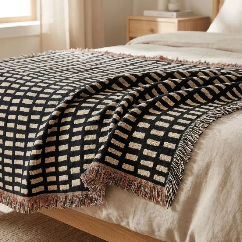 Black Cream Woven Throw Blanket, Cotton Couch Blanket, Dark Neutral Bed Throw, Minimalist Scandinavian Decor