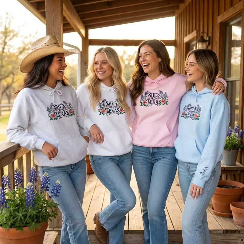 Embroidered Texas Hoodie, Shes From Texas Sweatshirt, Bluebonnet Floral Hoodie, Personalized Initial Sleeve Hoodie, Mothers Day Gift