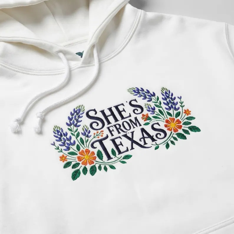 Embroidered Texas Hoodie, Shes From Texas Sweatshirt, Bluebonnet Floral Hoodie, Personalized Initial Sleeve Hoodie, Mothers Day Gift