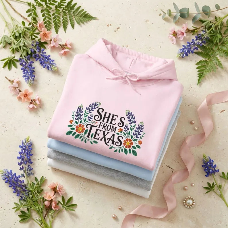 Embroidered Texas Hoodie, Shes From Texas Sweatshirt, Bluebonnet Floral Hoodie, Personalized Initial Sleeve Hoodie, Mothers Day Gift