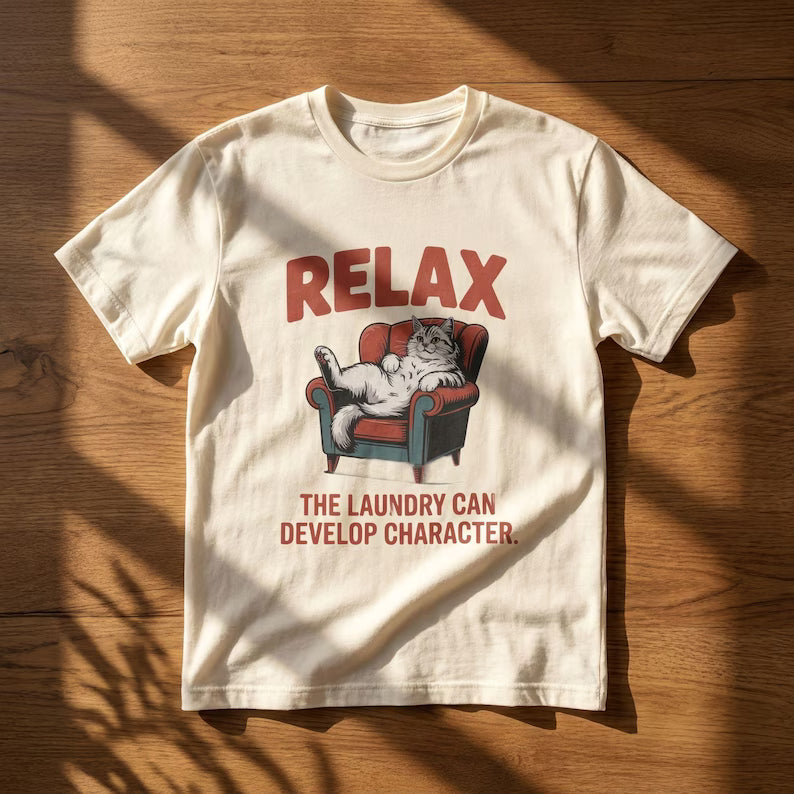 Funny Cat Shirt, Relax The Laundry Can Develop Character Tee, Retro Cat Lover Gift, Vintage Lazy Cat Graphic