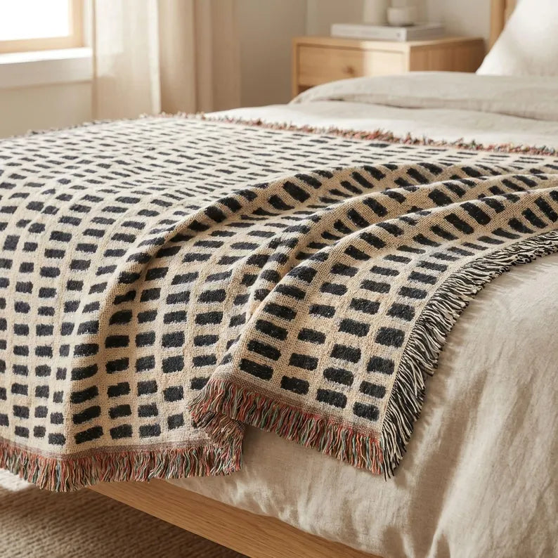 Hand-Drawn Grid Texture Woven Blanket | Black Cream Minimalist Throw
