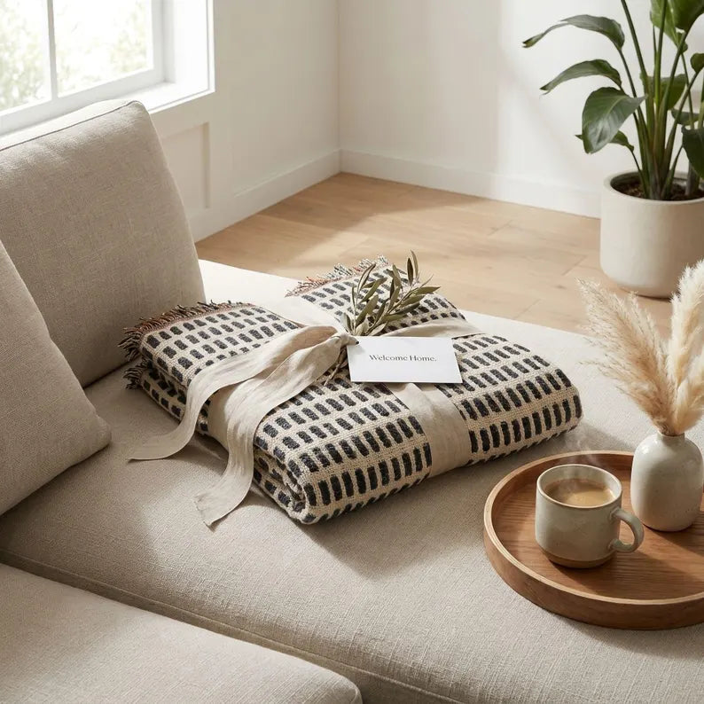 Hand-Drawn Grid Texture Woven Blanket | Black Cream Minimalist Throw