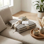 Cream & Black Hand-Drawn Grid Woven Blanket | Modern Throw