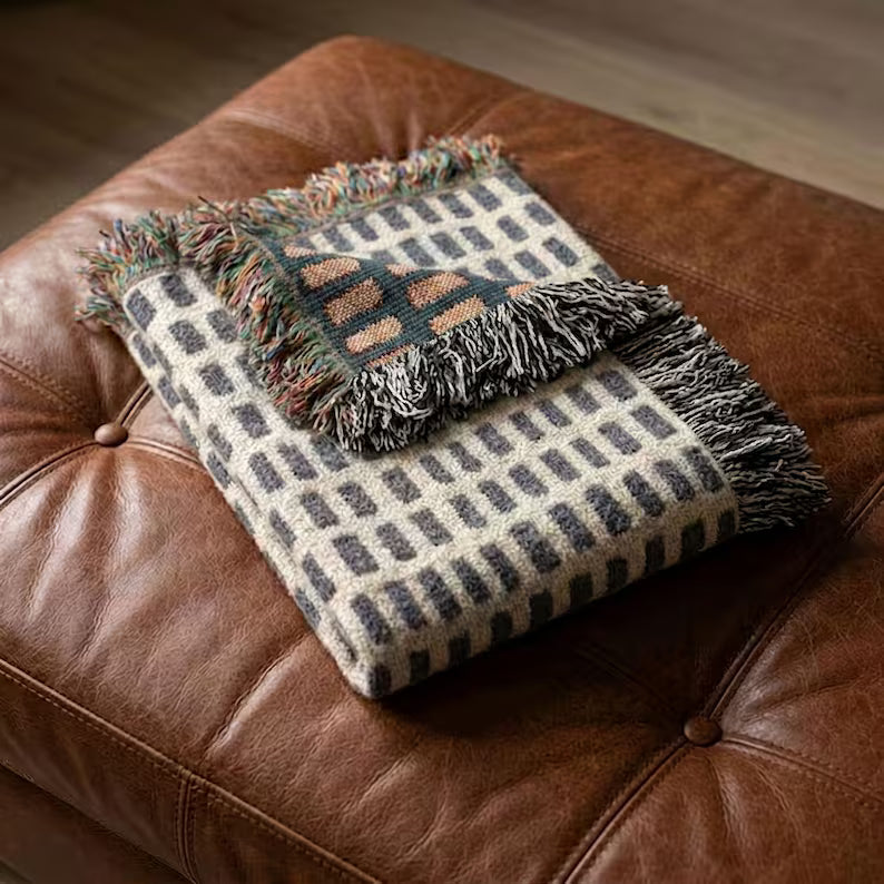 Hand-Drawn Grid Texture Woven Blanket | Black Cream Minimalist Throw