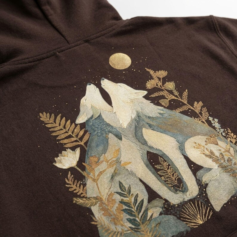 Golden Moon Wolves Hoodie | Celestial Woodland Night, Botanical Dark Academia