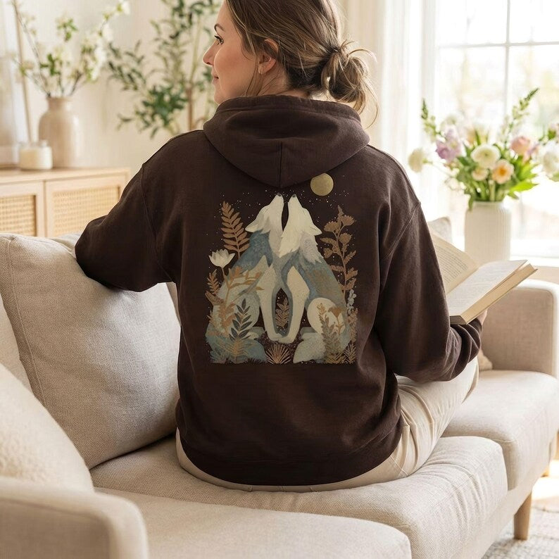 Golden Moon Wolves Hoodie | Celestial Woodland Night, Botanical Dark Academia