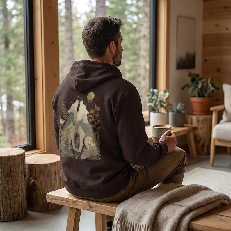 Golden Moon Wolves Hoodie | Celestial Woodland Night, Botanical Dark Academia