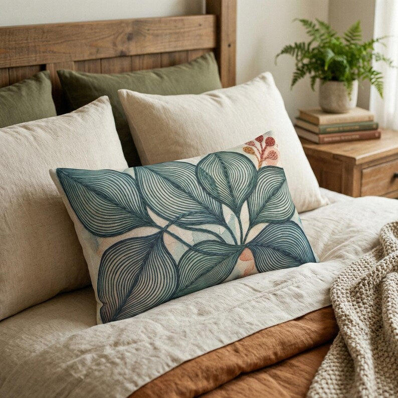 Abstract Leaf Lumbar Pillow | Mid Century Modern Scandinavian Textile Art