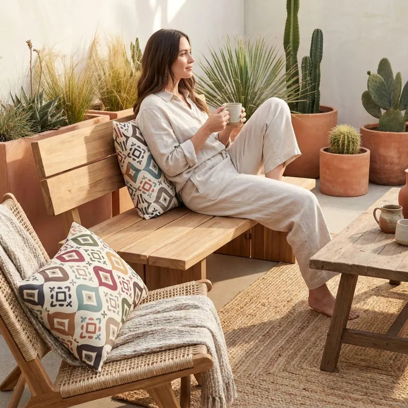 Southwestern Geometric Outdoor Pillow | Earth-Tone Patio Decor