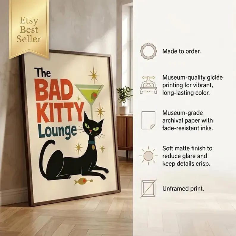Bad Kitty Lounge Poster | Mid-Century Black Cat Art