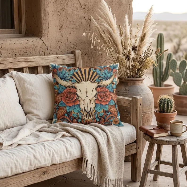 Cow Skull Floral Outdoor Pillow | Western Patio Decor