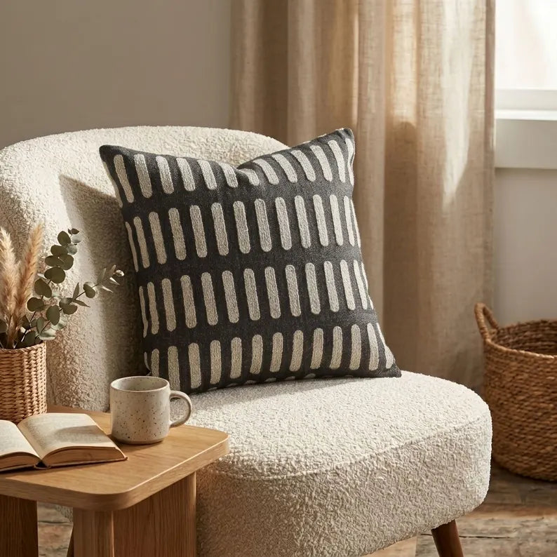 Black & Cream Mud-cloth Inspired Woven Pillow | Modern Geometric Decor