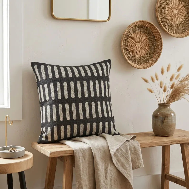 Black & Cream Mud-cloth Inspired Woven Pillow | Modern Geometric Decor
