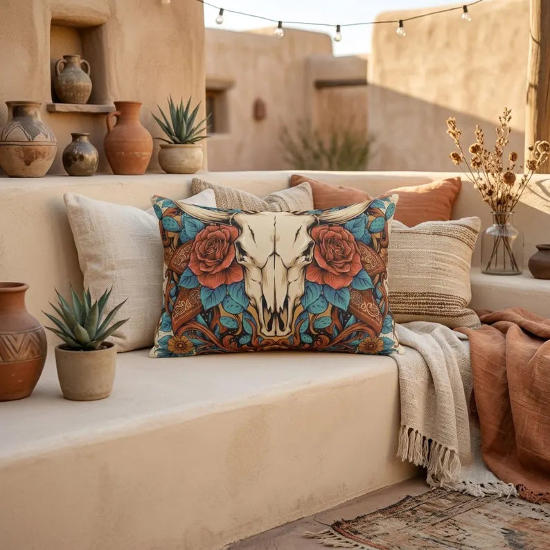 Cow Skull Floral Outdoor Pillow | Western Patio Decor