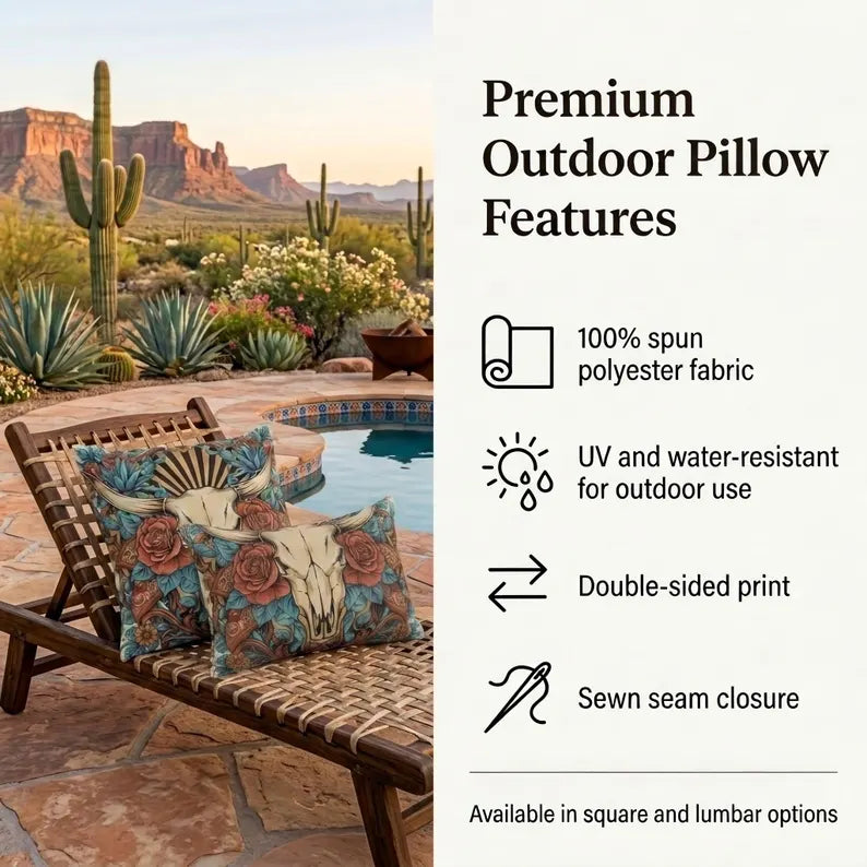 Cow Skull Floral Outdoor Pillow | Western Patio Decor
