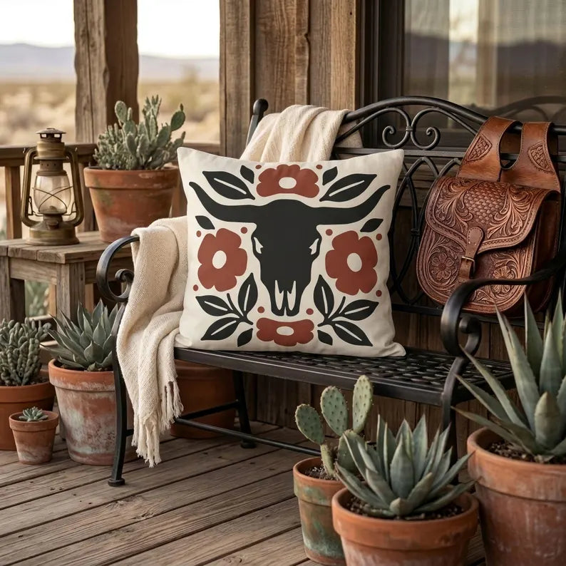 Longhorn Floral Outdoor Lumbar Pillow | Western Fall Decor