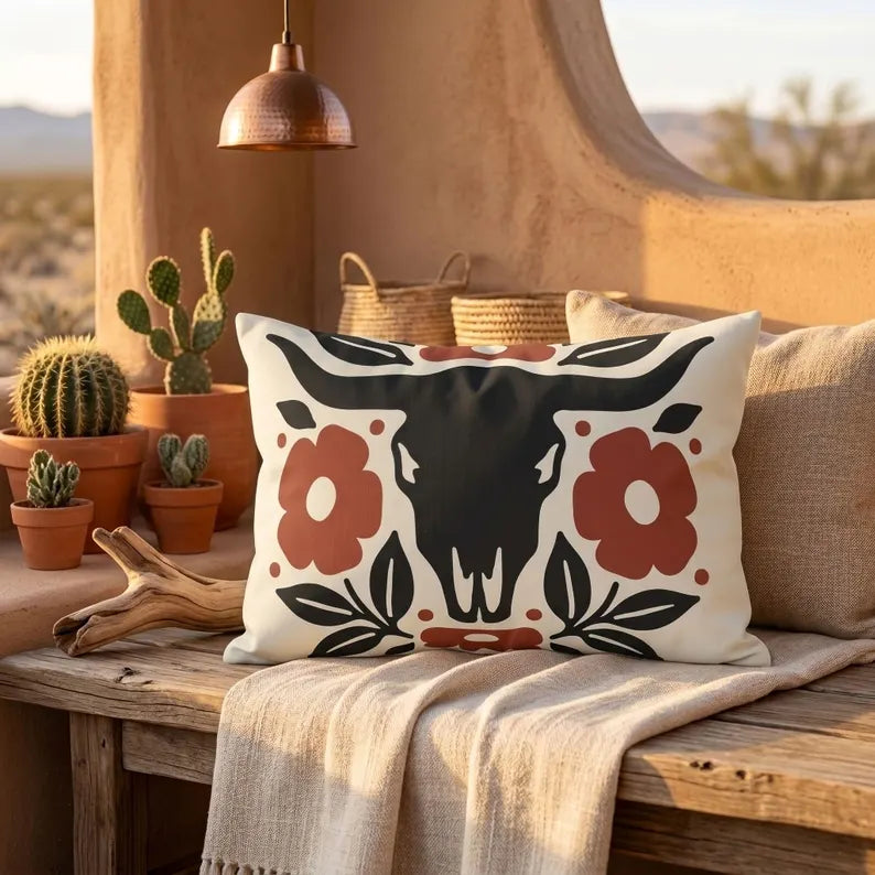 Longhorn Floral Outdoor Lumbar Pillow | Western Fall Decor