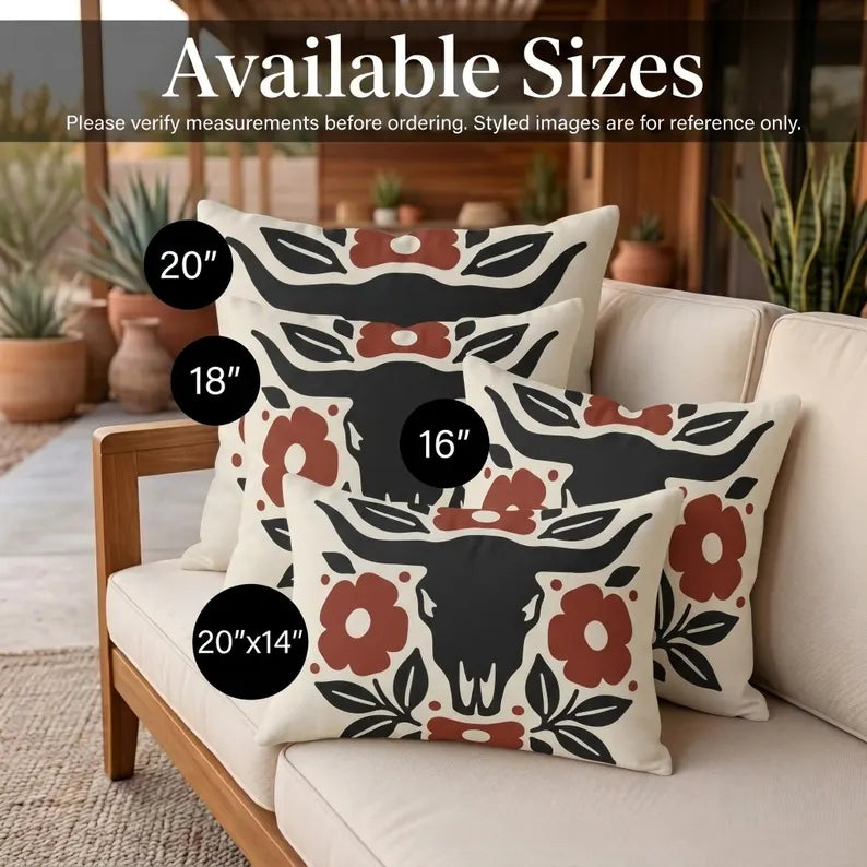 Longhorn Floral Outdoor Lumbar Pillow | Western Fall Decor