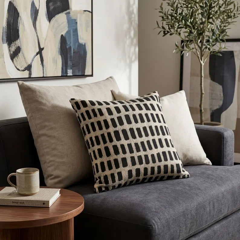 Cream & Black Dash Grid Woven Pillow | Modern Neutral Decor