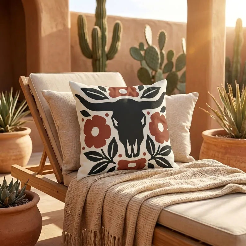 Longhorn Floral Outdoor Lumbar Pillow | Western Fall Decor