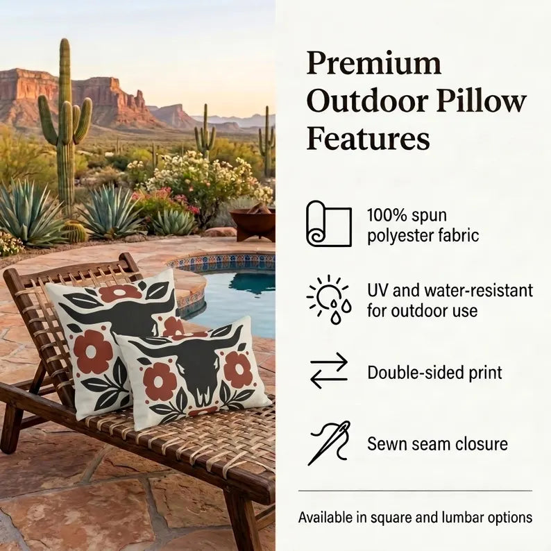 Longhorn Floral Outdoor Lumbar Pillow | Western Fall Decor