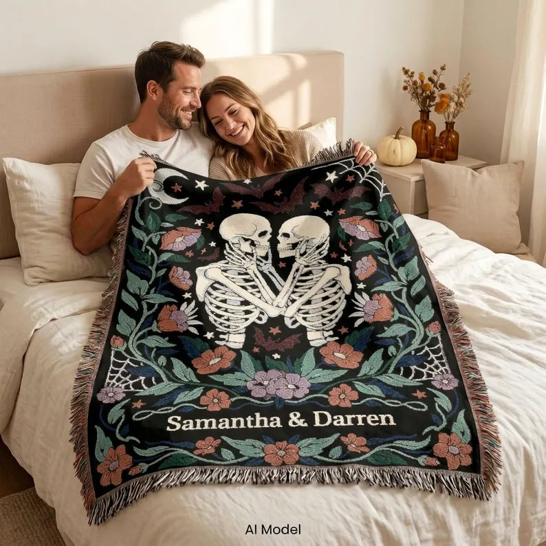 Personalized Skeleton Couple Woven Blanket | Gothic Halloween Throw