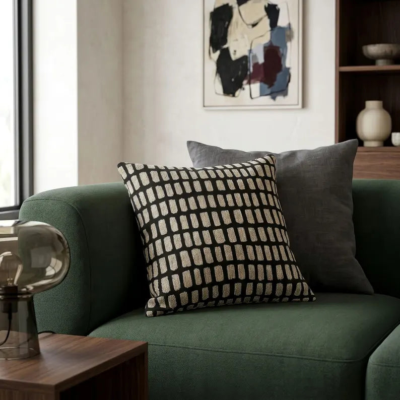Black & Cream Dash Grid Woven Pillow | Modern Neutral Decor