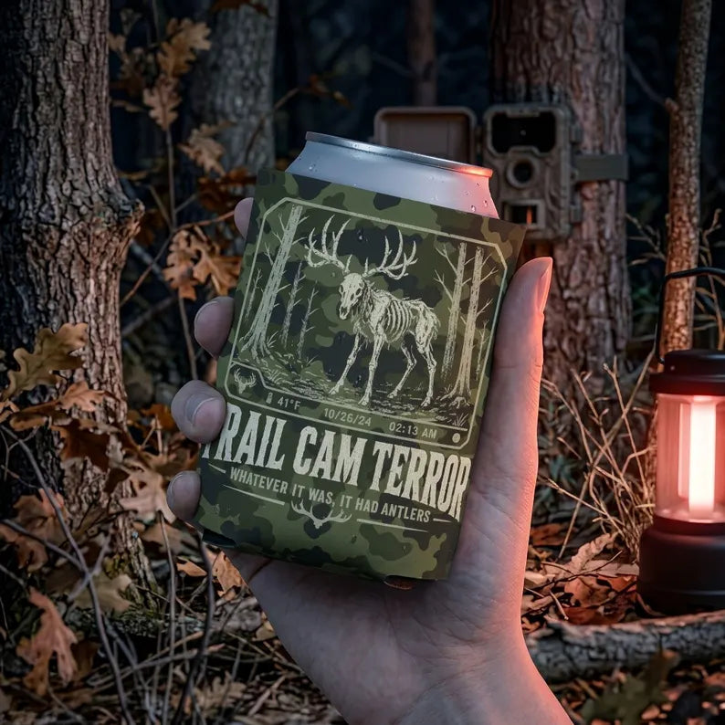 Trail Cam Terror Can Cooler | Skeleton Buck Camo Koozie