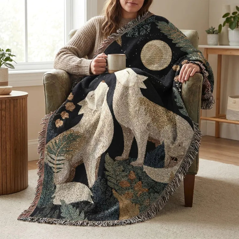 Moonlit Wolves Woven Blanket | Forest & Full Moon Throw