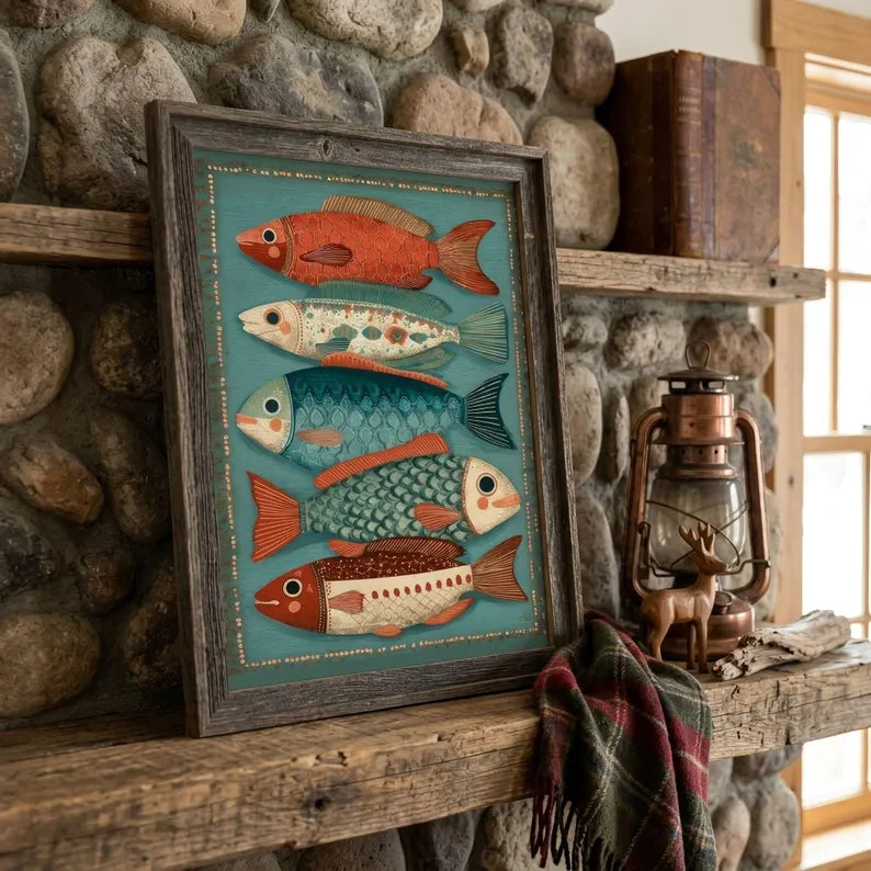 Retro Folk Fish Poster | Colorful Coastal Wall Art