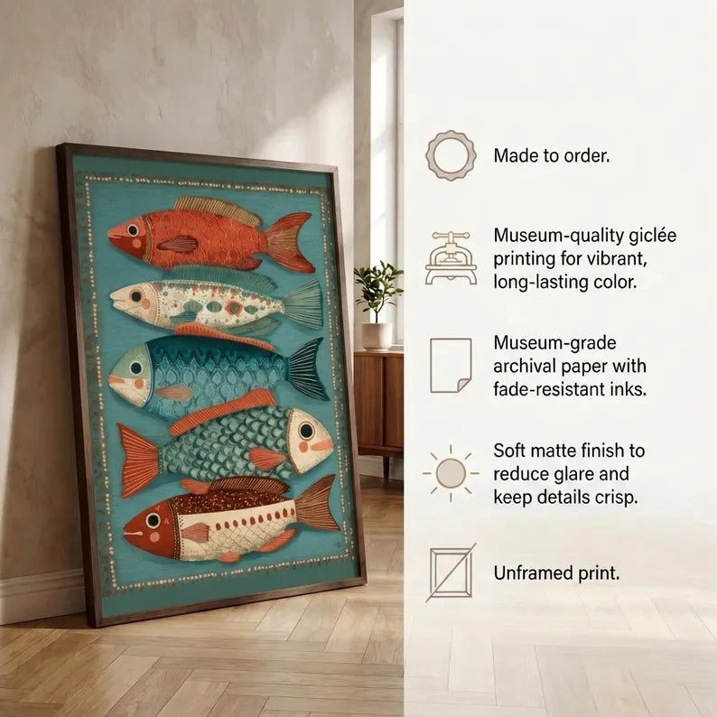 Retro Folk Fish Poster | Colorful Coastal Wall Art